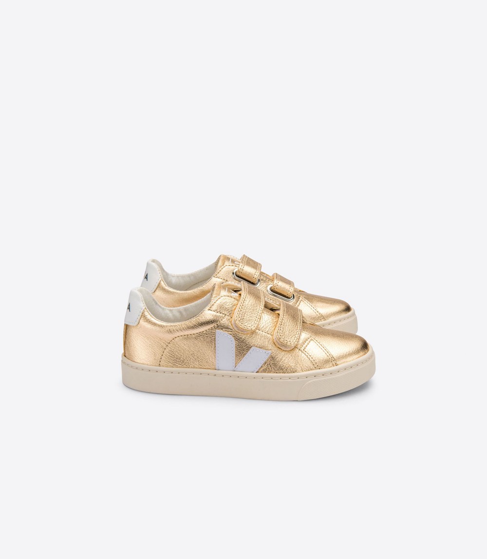 Veja Trainers Kids Gold/White - Esplar Velcro Chromefree Leather - CULM-78236